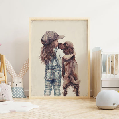 Cocker Spaniel Nursery Decor, Girl & Dog Painting, Brown Dog Print - WildfieldPrints