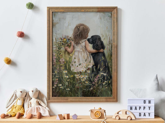 Cocker Spaniel Nursery Print, Black Dog Wall Decor, Girl & Pet Art - WildfieldPrints
