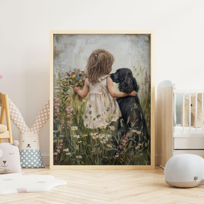 Cocker Spaniel Nursery Print, Black Dog Wall Decor, Girl & Pet Art - WildfieldPrints