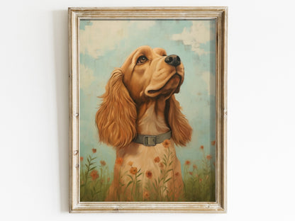 Cocker Spaniel Wall Art, Vintage Dog Portrait Amidst Flowers - WildfieldPrints