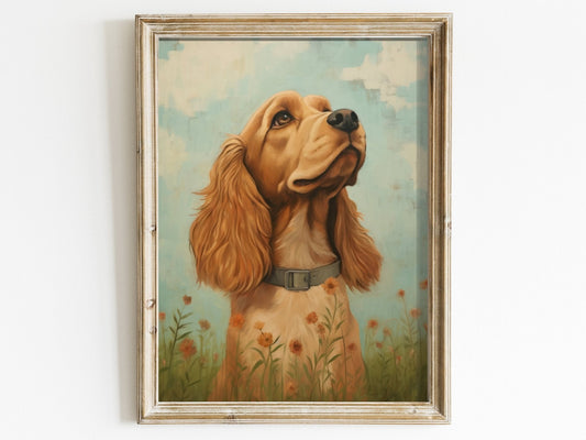 Cocker Spaniel Wall Art, Vintage Dog Portrait Amidst Flowers - WildfieldPrints