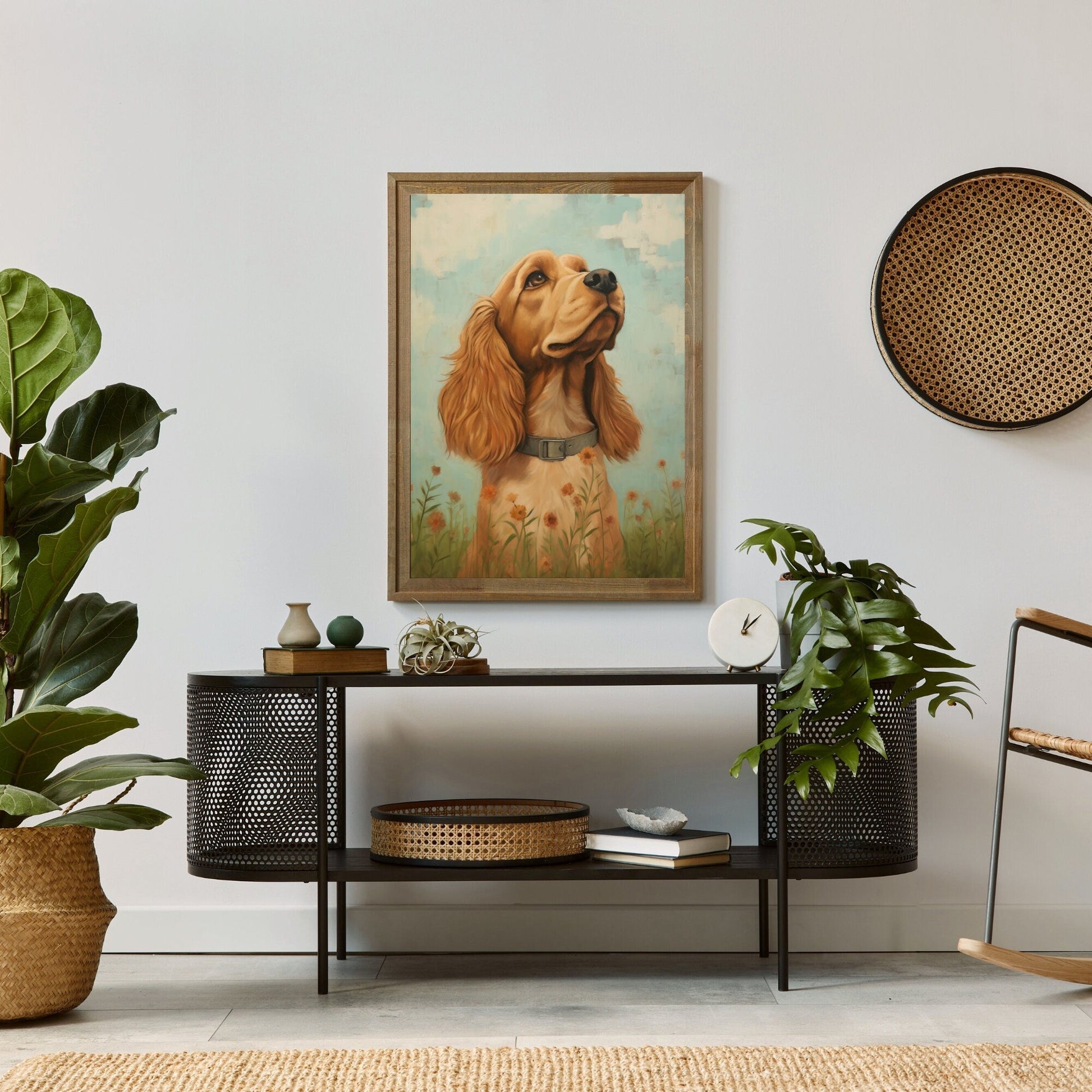 Cocker Spaniel Wall Art, Vintage Dog Portrait Amidst Flowers - WildfieldPrints