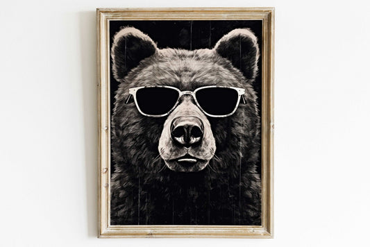 Cool Bear Wall Art, Vintage Toddler Room Decor, Funny Animal Design - WildfieldPrints