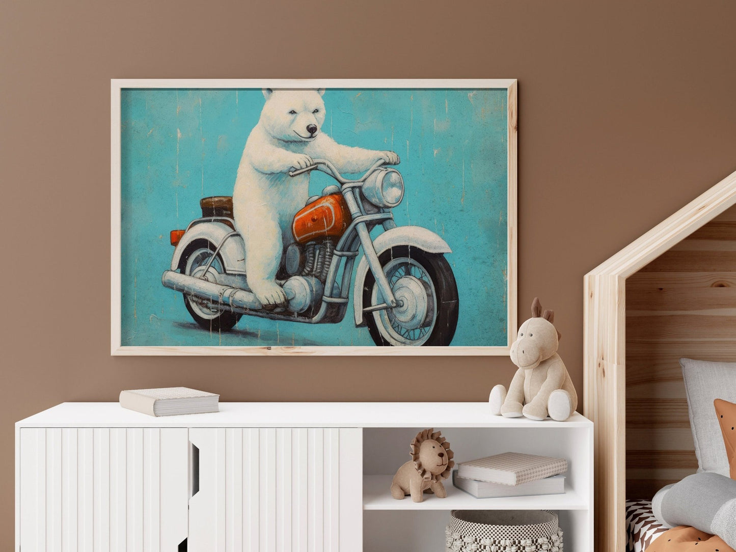 Cool Boys Room Decor, Animals Driving Vehicles, Polar Bear on Motorcycle - WildfieldPrints