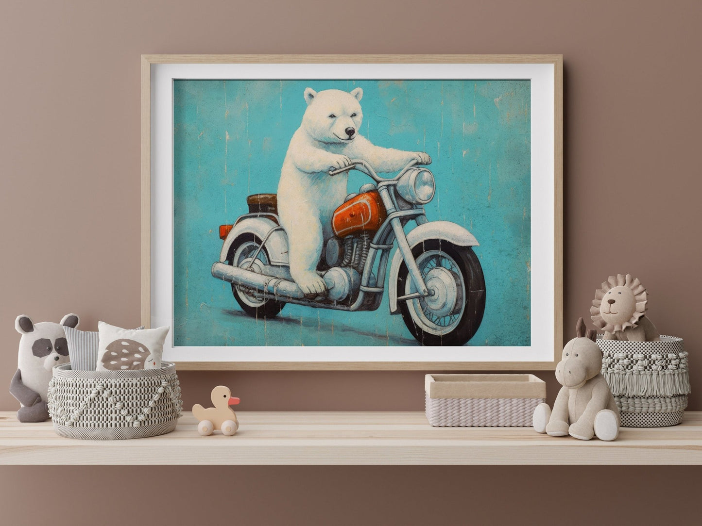 Cool Boys Room Decor, Animals Driving Vehicles, Polar Bear on Motorcycle - WildfieldPrints