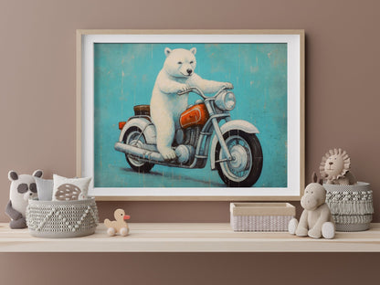 Cool Boys Room Decor, Animals Driving Vehicles, Polar Bear on Motorcycle - WildfieldPrints