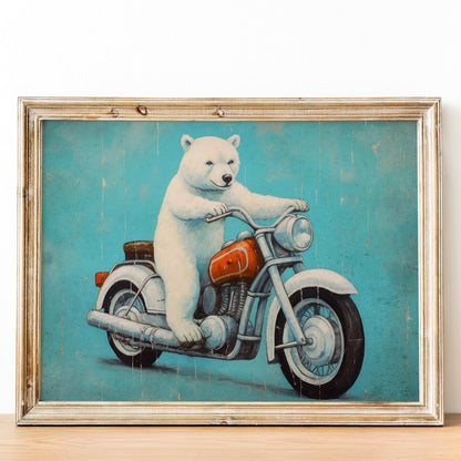 Cool Boys Room Decor, Animals Driving Vehicles, Polar Bear on Motorcycle - WildfieldPrints
