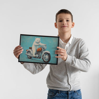 Cool Boys Room Decor, Animals Driving Vehicles, Polar Bear on Motorcycle - WildfieldPrints