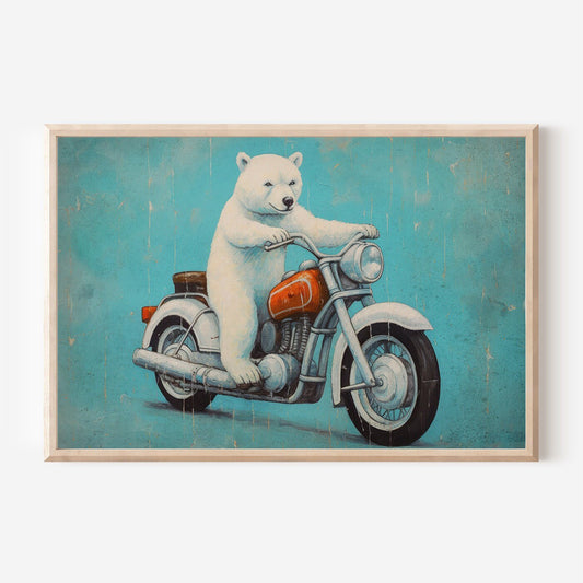 Cool Boys Room Decor, Animals Driving Vehicles, Polar Bear on Motorcycle - WildfieldPrints