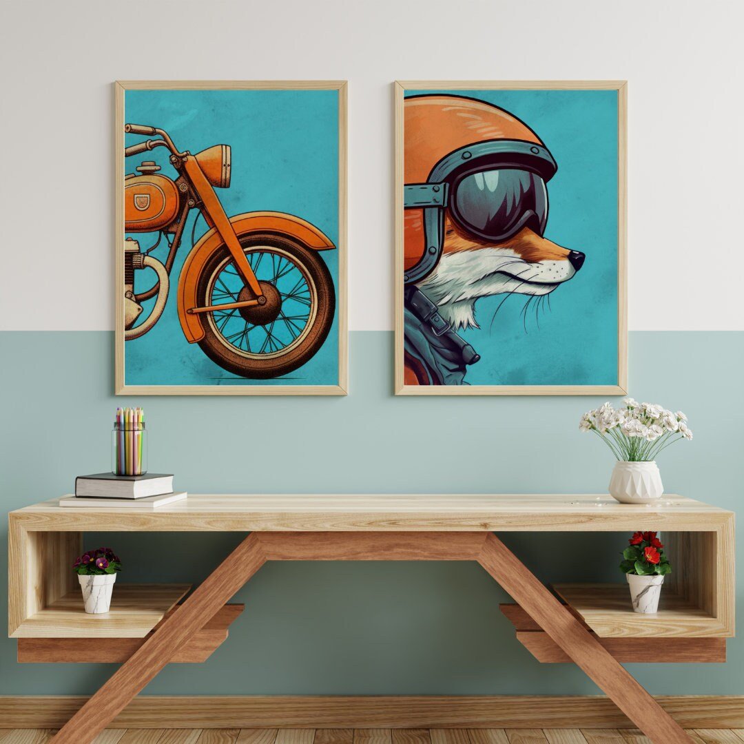 Red Fox Biker Wall Art – Animal Boys Room Decor • Set of 2