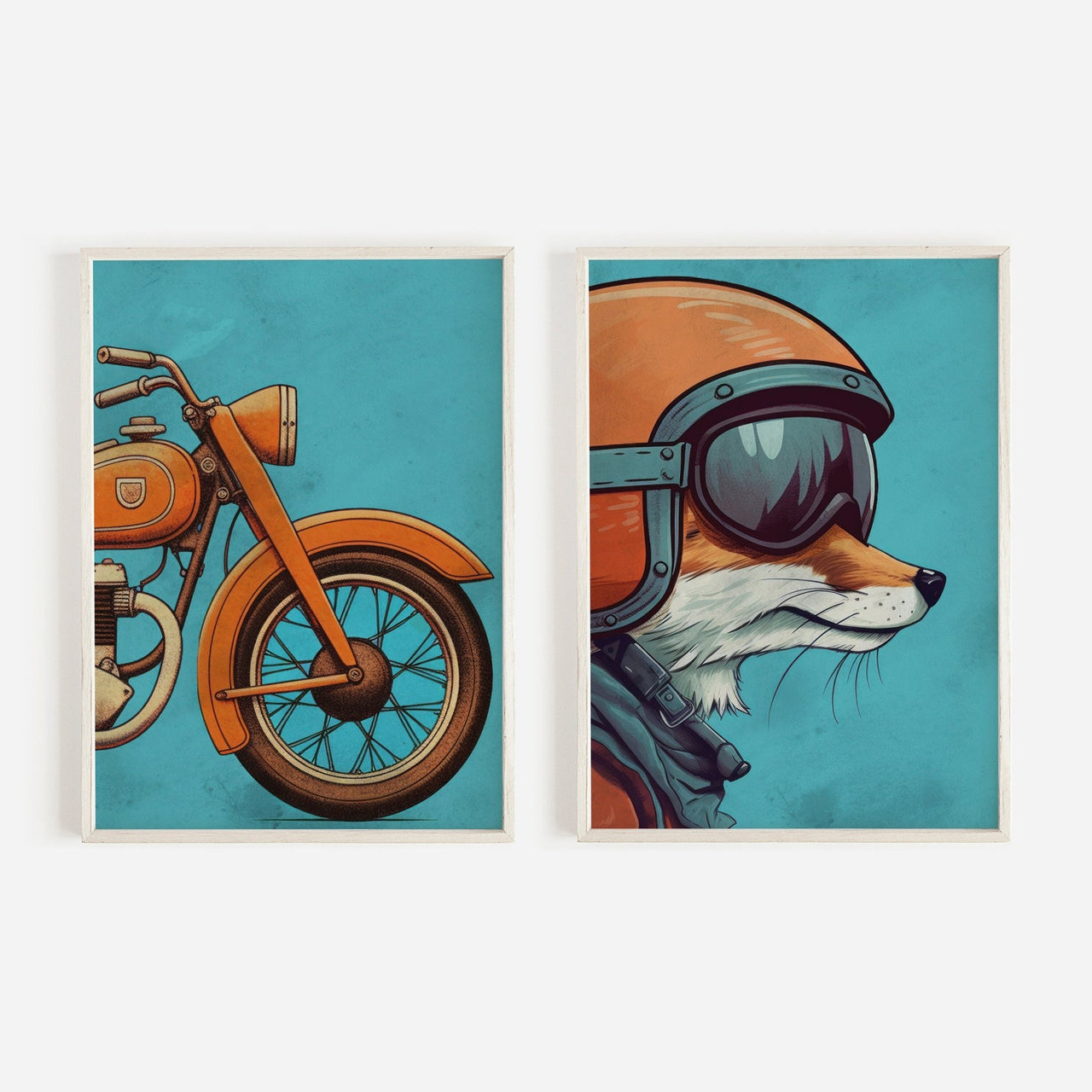 Red Fox Biker Wall Art – Animal Boys Room Decor • Set of 2