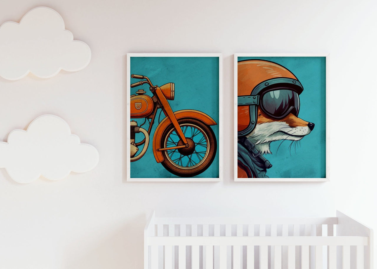 Red Fox Biker Wall Art – Animal Boys Room Decor • Set of 2