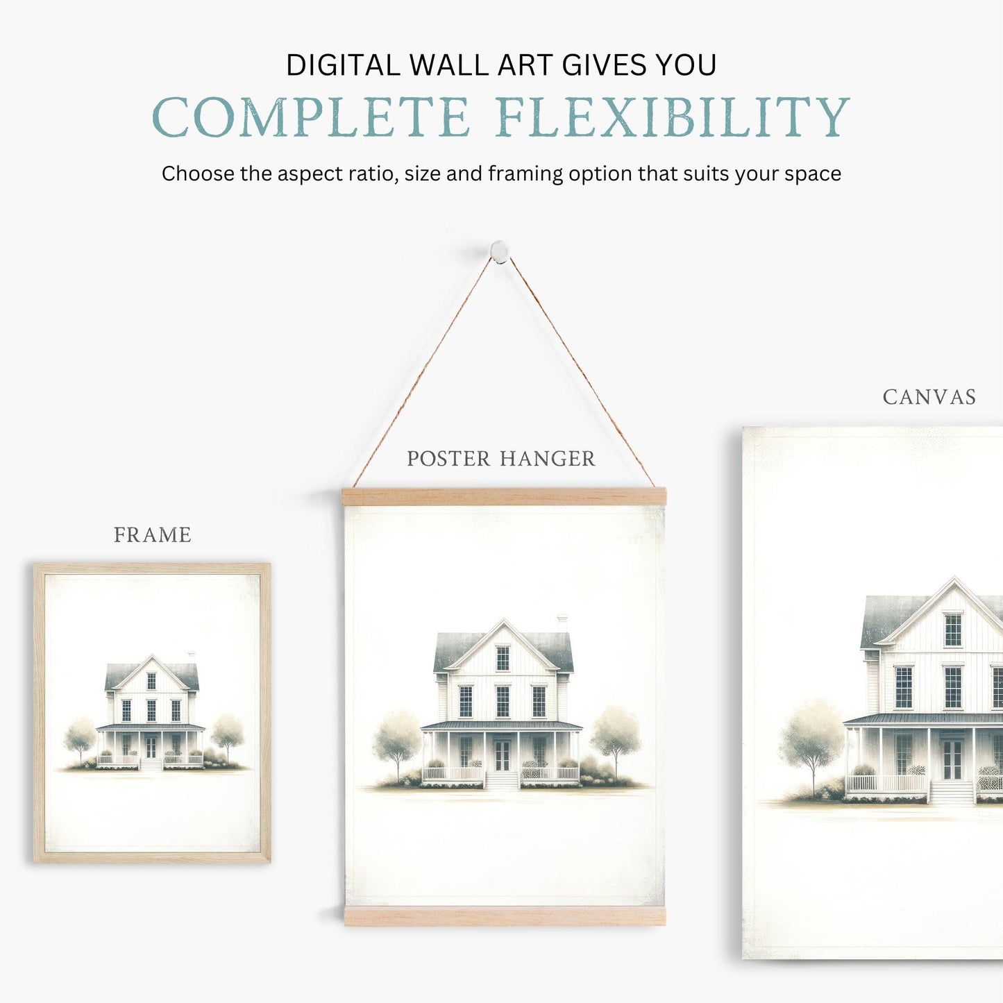 Country House Print, Minimalist Vintage Art, Modern Farmhouse Decor - WildfieldPrints