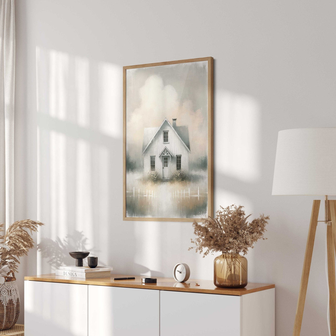 White Country House Wall Art – Farmhouse Living Room Decor
