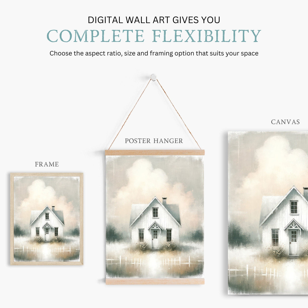 White Country House Wall Art – Farmhouse Living Room Decor