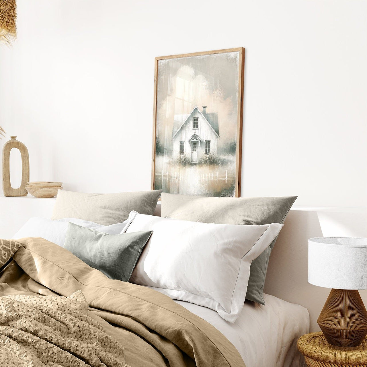 White Country House Wall Art – Farmhouse Living Room Decor
