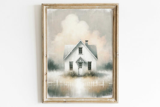 Country House Print, Rustic Farmhouse Decor, White Little House Art - WildfieldPrints