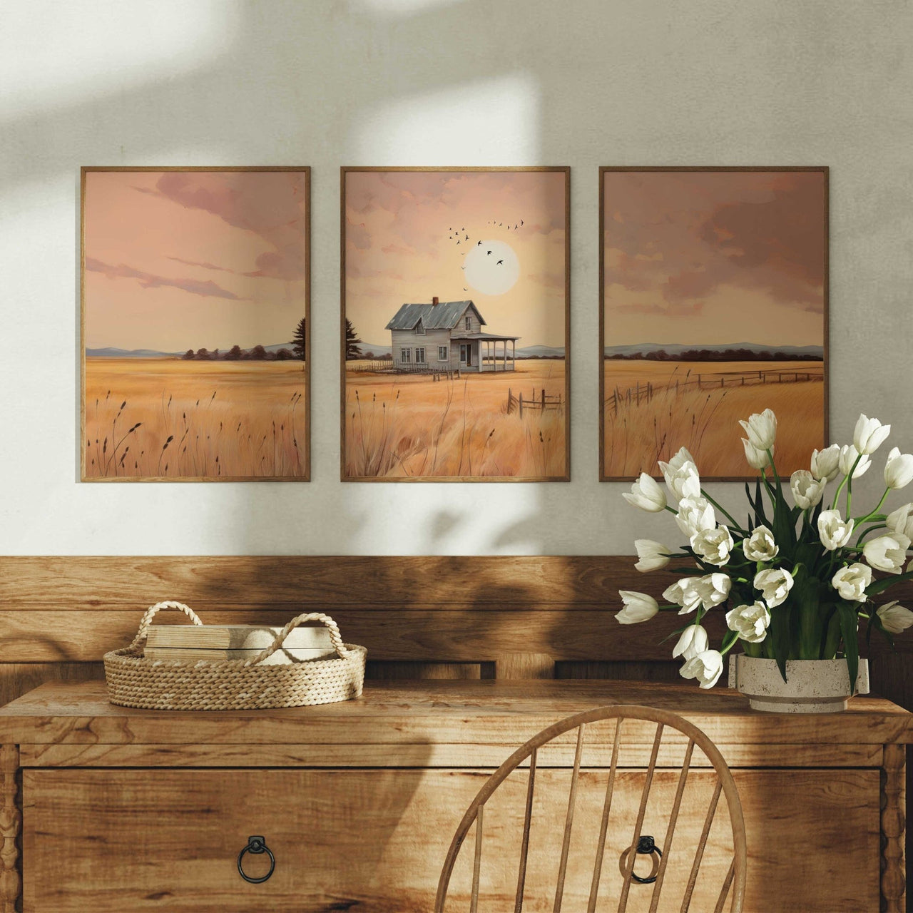 Gray Country House Print – Countryside Girls Room Wall Art • Set of 3