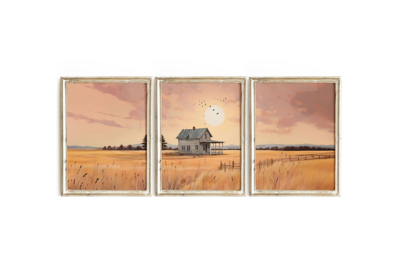 Gray Country House Print – Countryside Girls Room Wall Art • Set of 3
