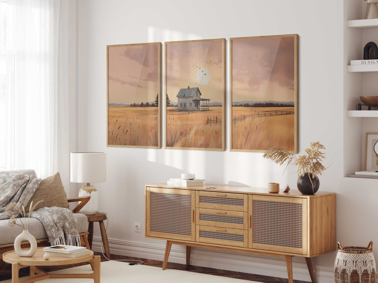 Gray Country House Print – Countryside Girls Room Wall Art • Set of 3
