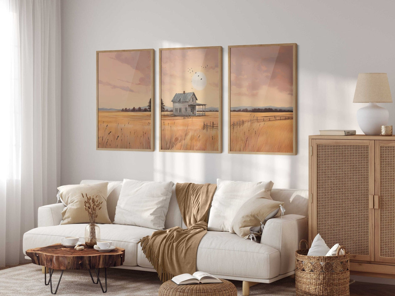 Gray Country House Print – Countryside Girls Room Wall Art • Set of 3