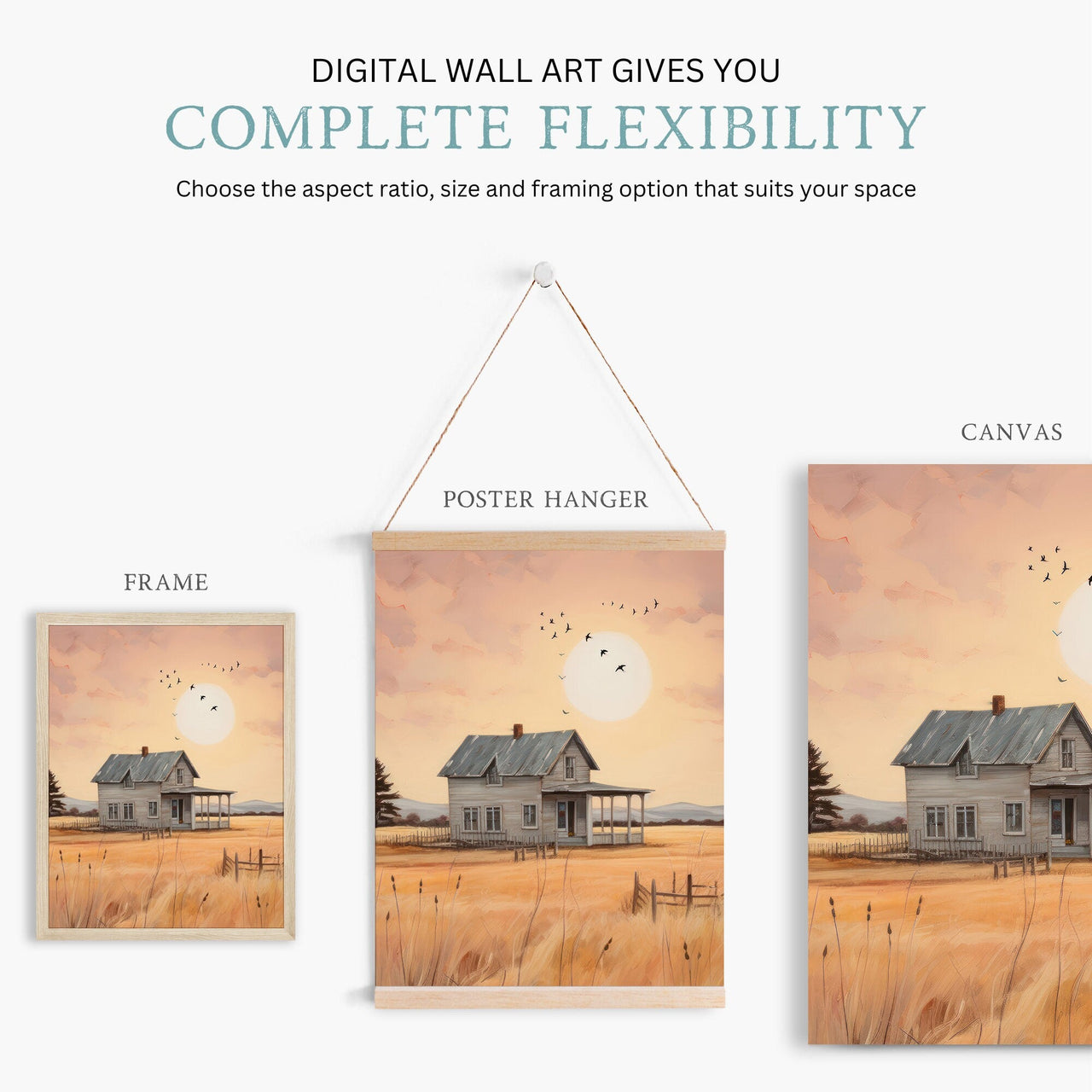 Gray Country House Print – Countryside Girls Room Wall Art • Set of 3