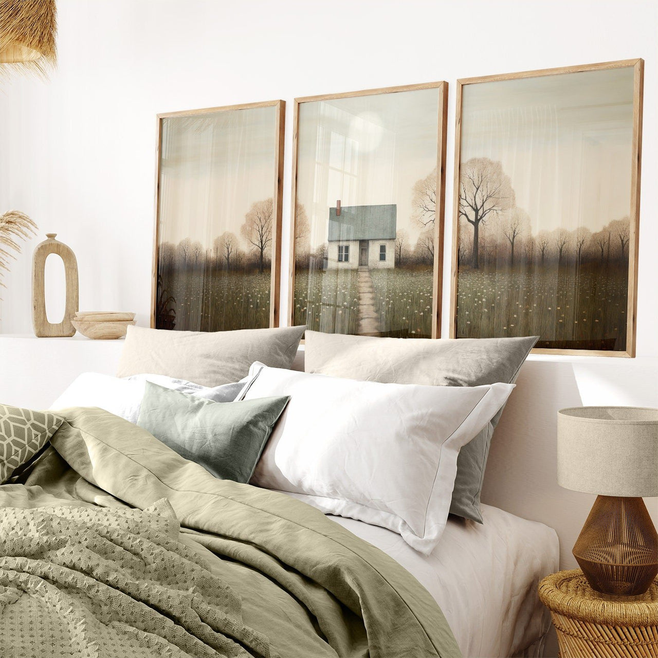 Vintage Country House Wall Art – Farmhouse Living Room Print • Set of 3