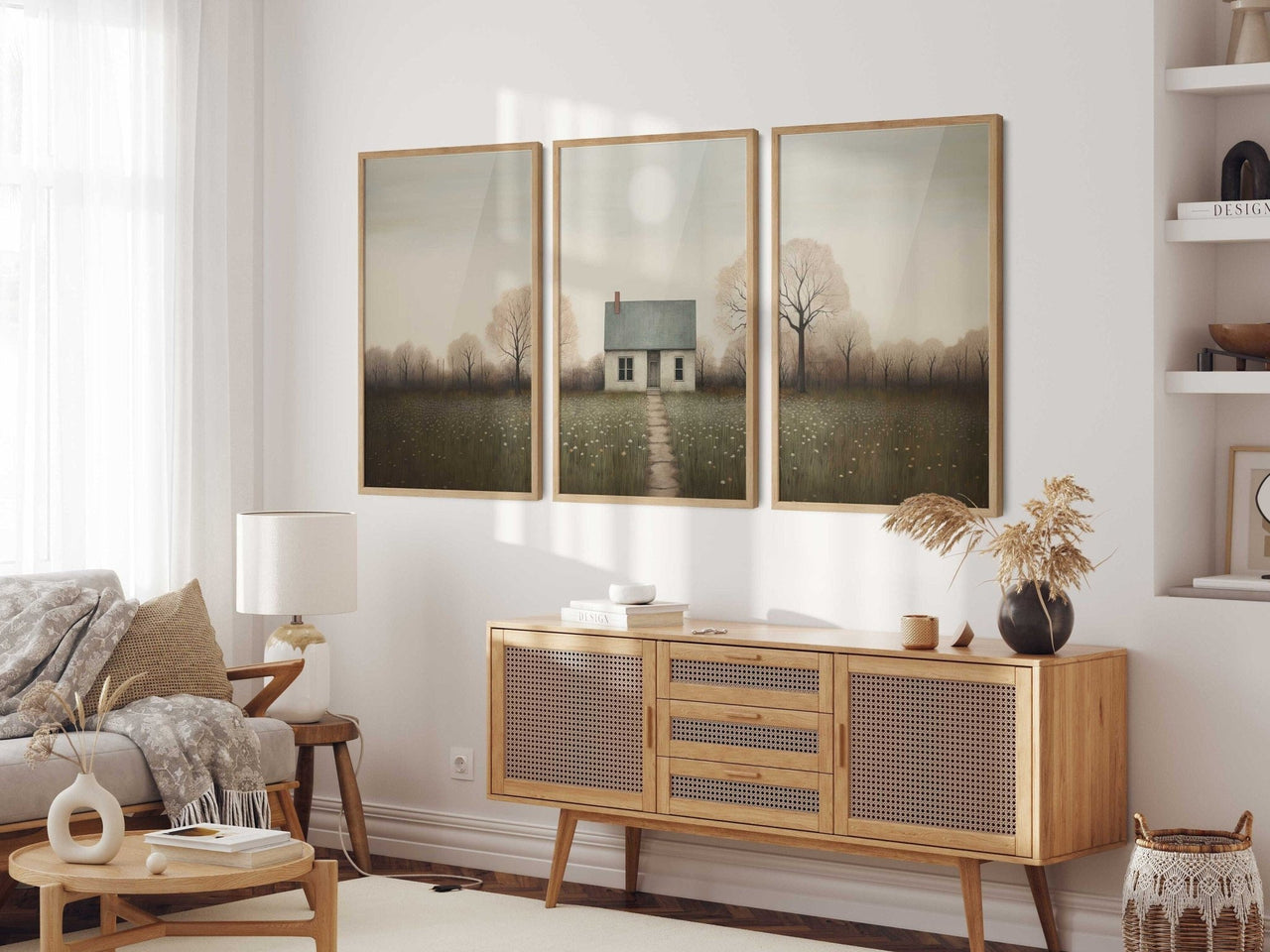 Vintage Country House Wall Art – Farmhouse Living Room Print • Set of 3