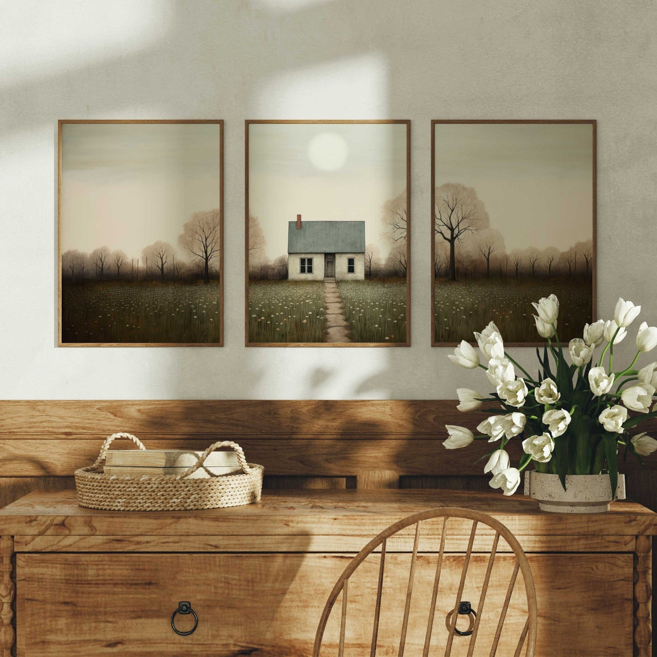 Vintage Country House Wall Art – Farmhouse Living Room Print • Set of 3