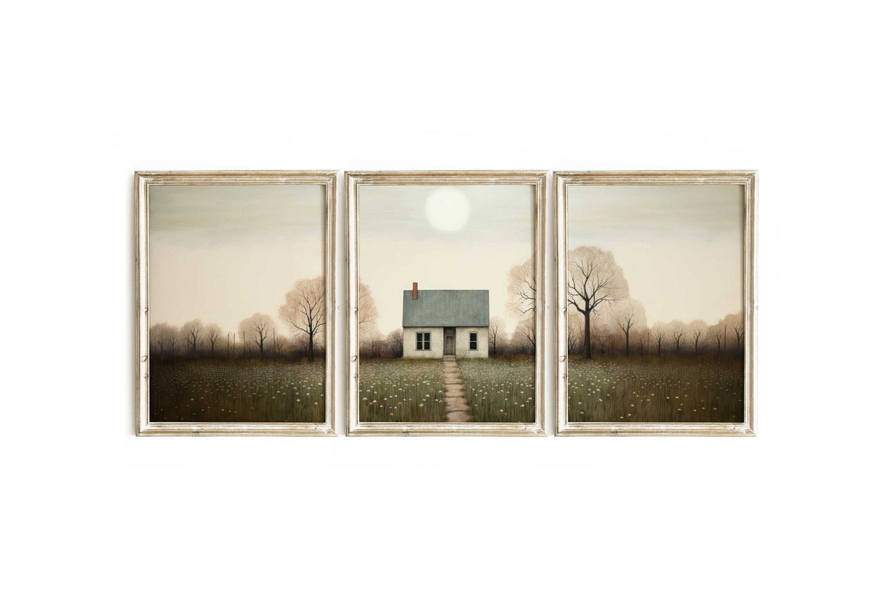 Vintage Country House Wall Art – Farmhouse Living Room Print • Set of 3