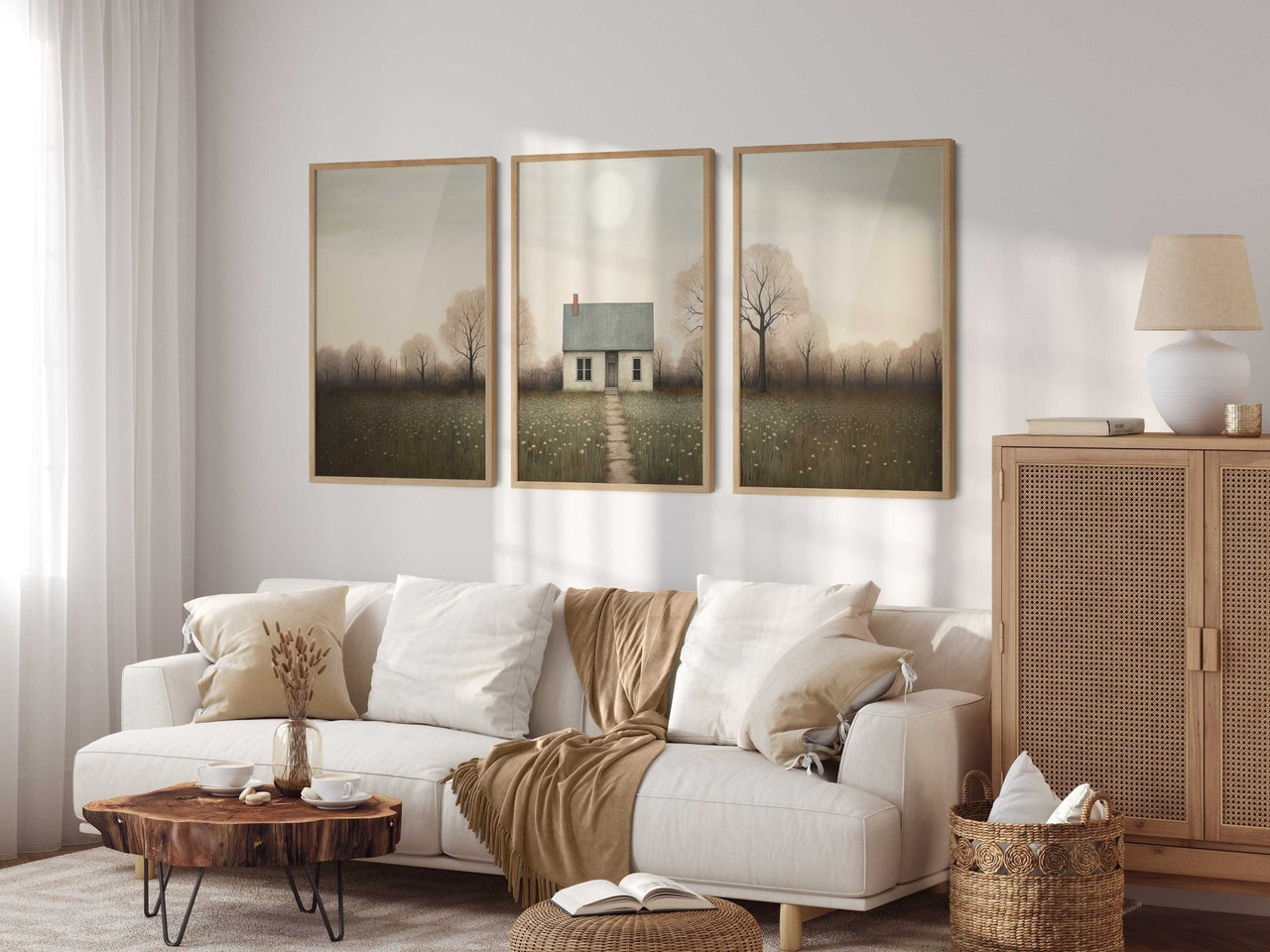 Vintage Country House Wall Art – Farmhouse Living Room Print • Set of 3