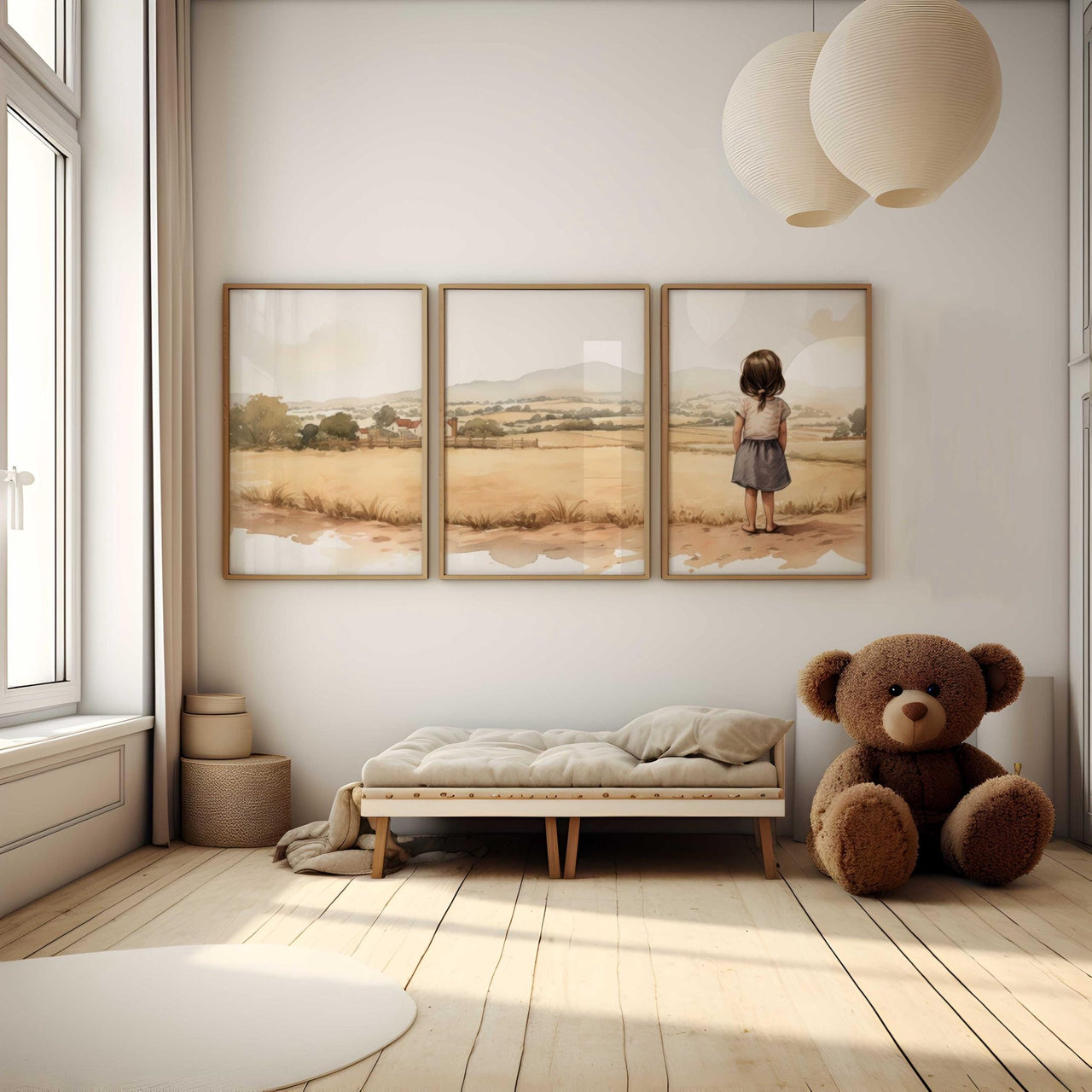 Young Girl Countryside Print – Farm Nursery Wall Art for Girls • Set of 3