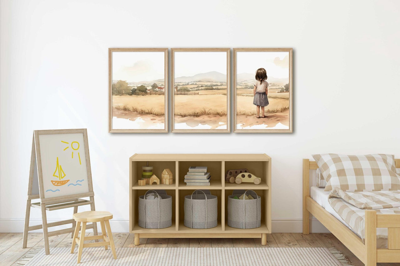 Young Girl Countryside Print – Farm Nursery Wall Art for Girls • Set of 3