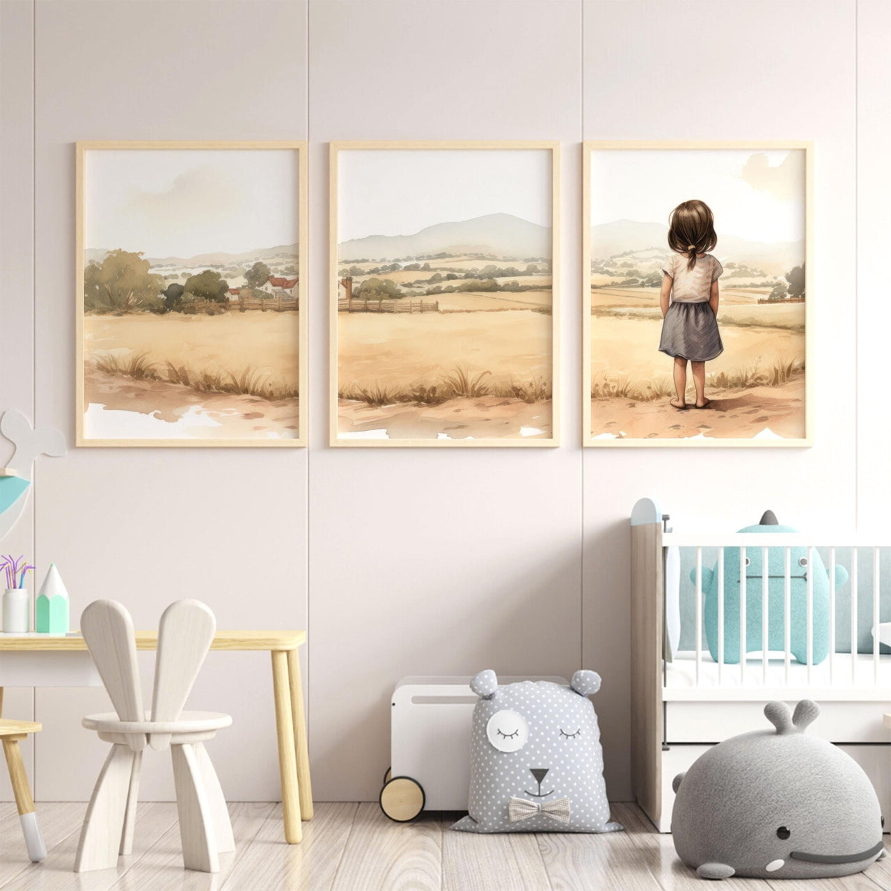 Young Girl Countryside Print – Farm Nursery Wall Art for Girls • Set of 3