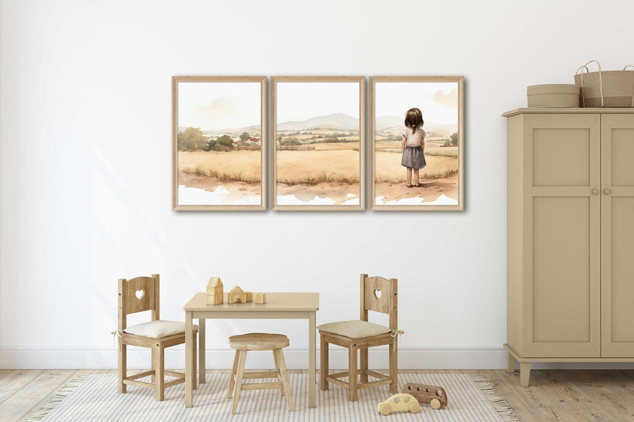 Young Girl Countryside Print – Farm Nursery Wall Art for Girls • Set of 3