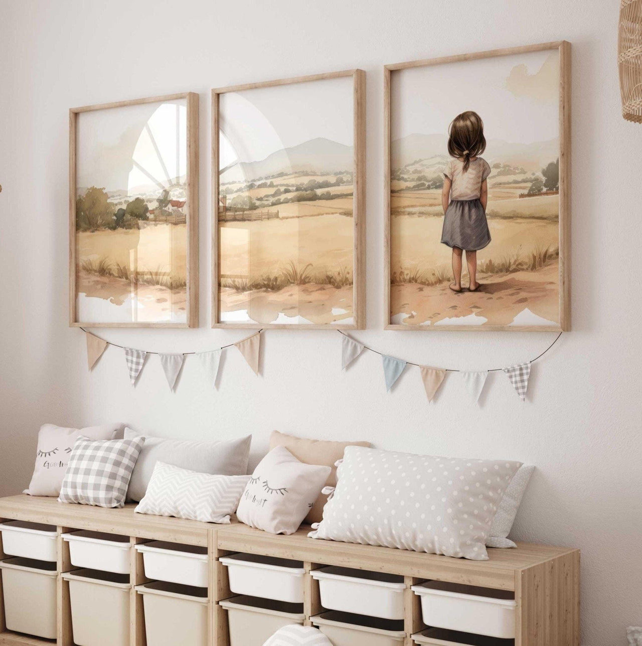 Young Girl Countryside Print – Farm Nursery Wall Art for Girls • Set of 3