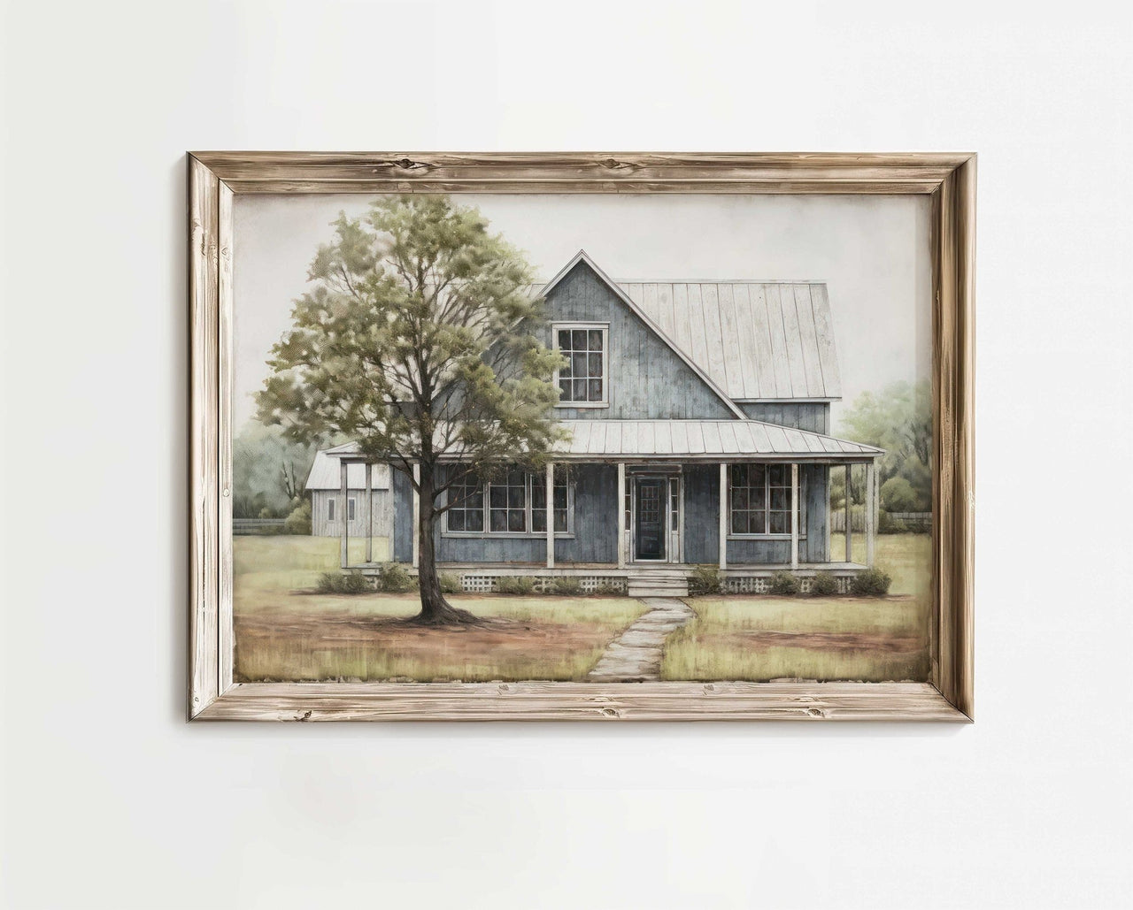 Blue Wooden House Wall Art – Farmhouse Living Room Print