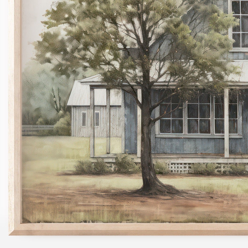 Blue Wooden House Wall Art – Farmhouse Living Room Print