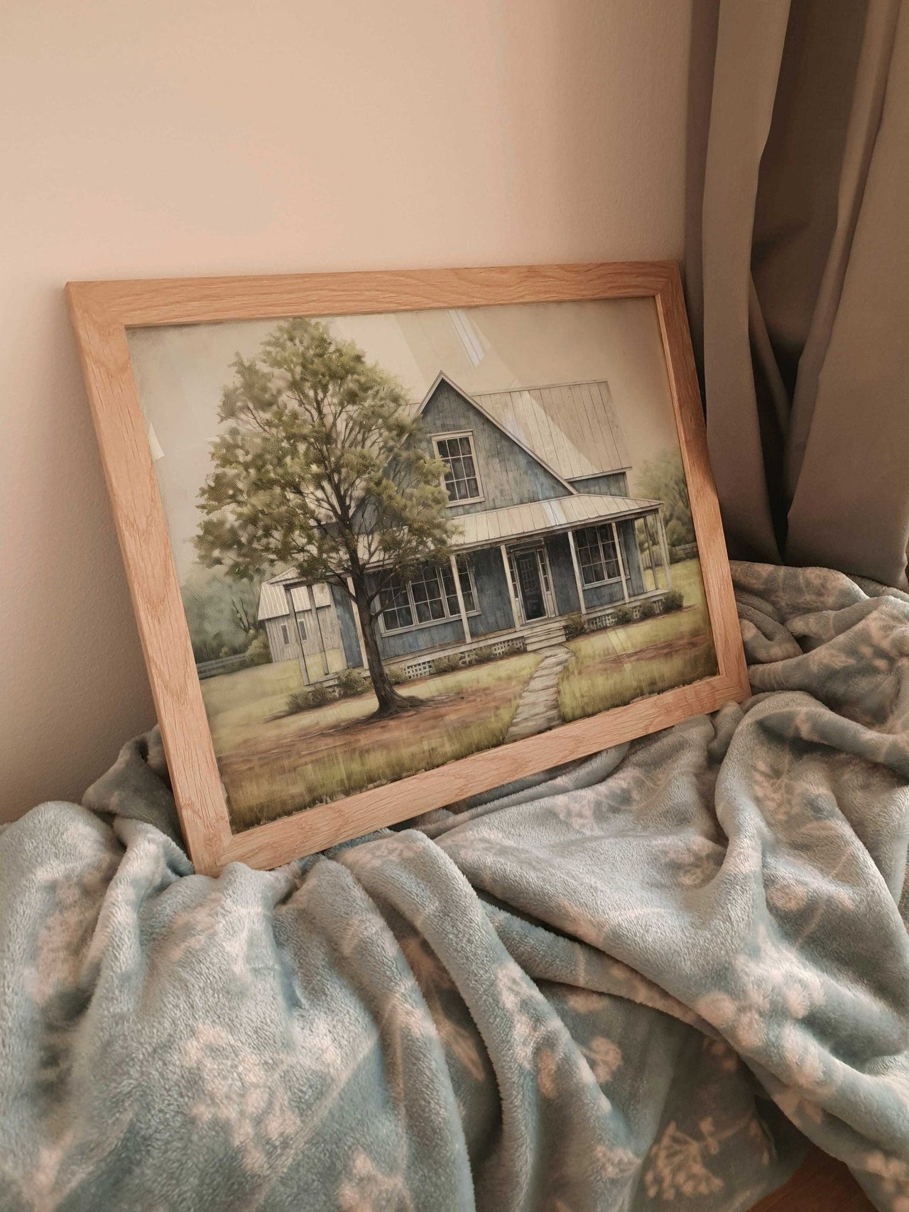 Blue Wooden House Wall Art – Farmhouse Living Room Print