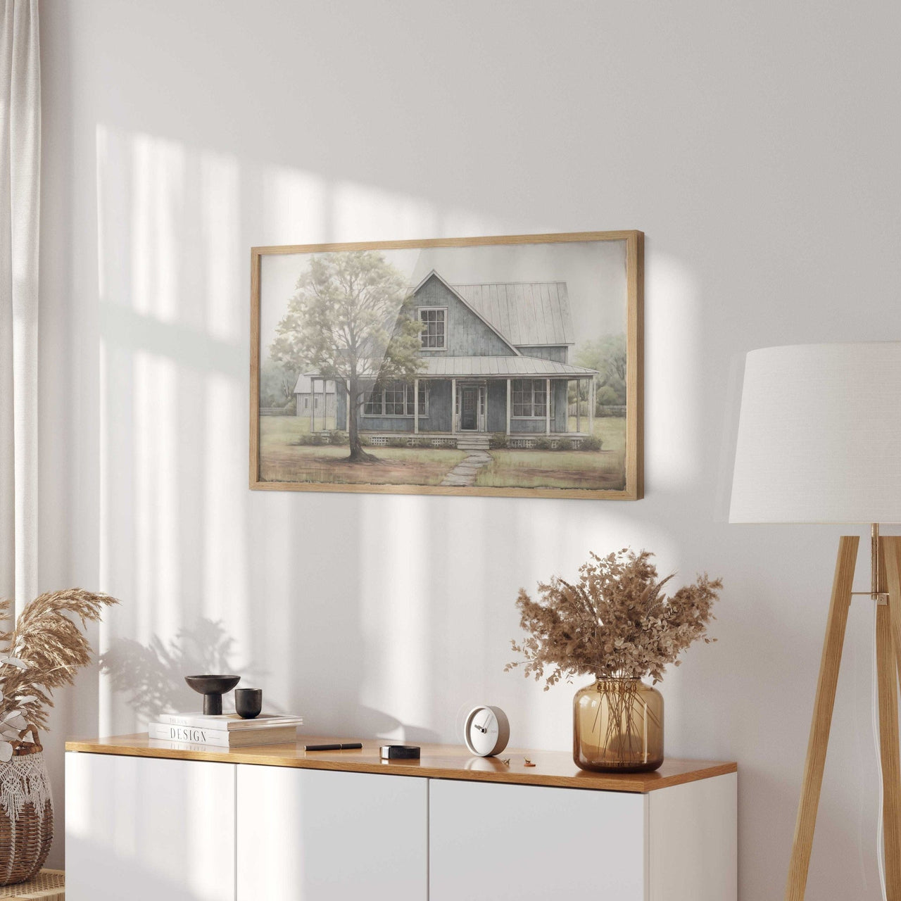 Blue Wooden House Wall Art – Farmhouse Living Room Print