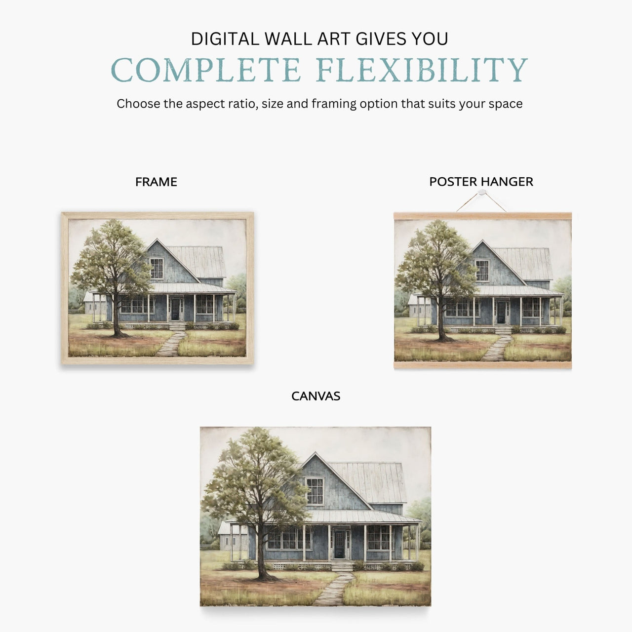 Blue Wooden House Wall Art – Farmhouse Living Room Print