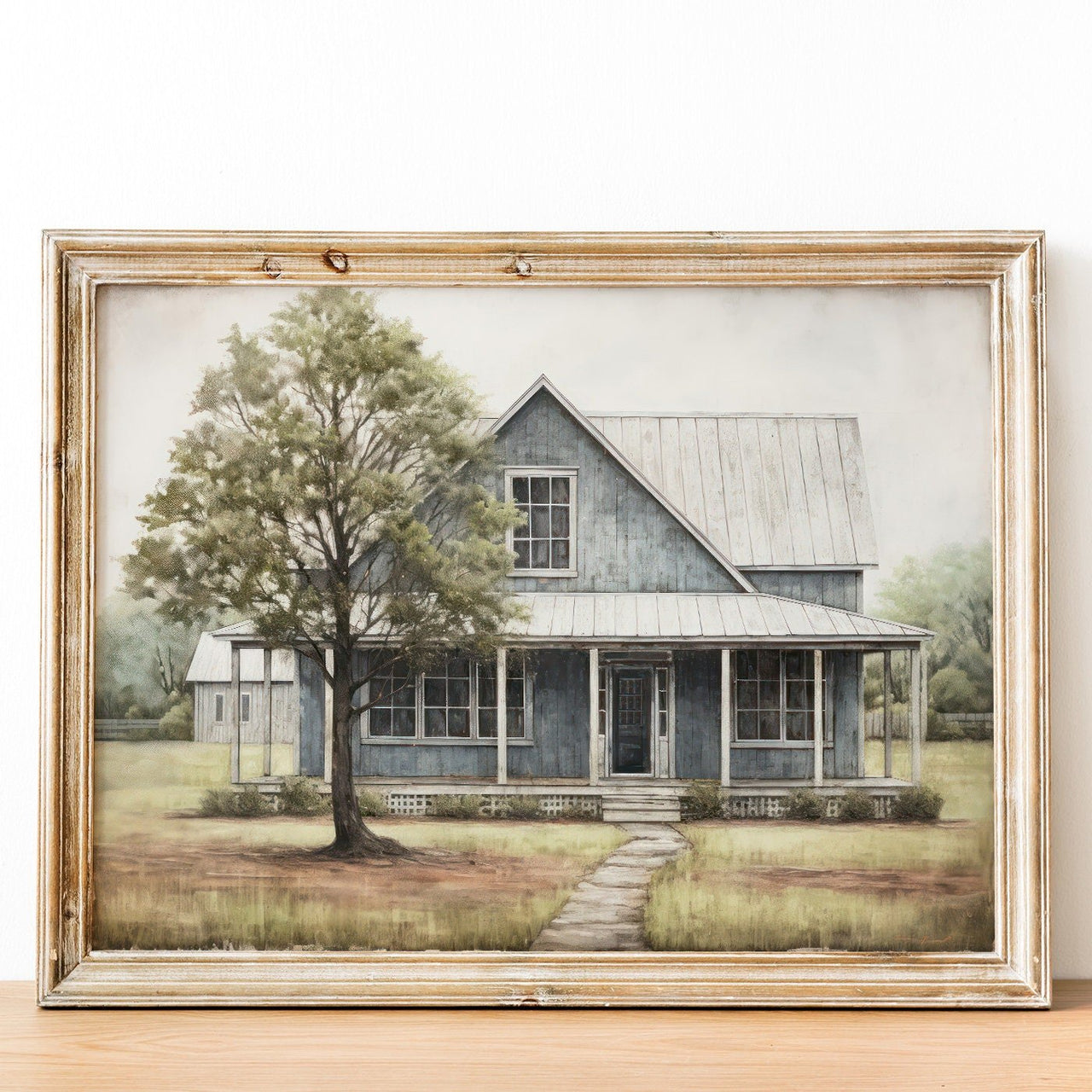 Blue Wooden House Wall Art – Farmhouse Living Room Print