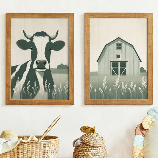 Cow Nursery Decor, Sage Green Wall Art, Rustic Farm Animal Print - WildfieldPrints