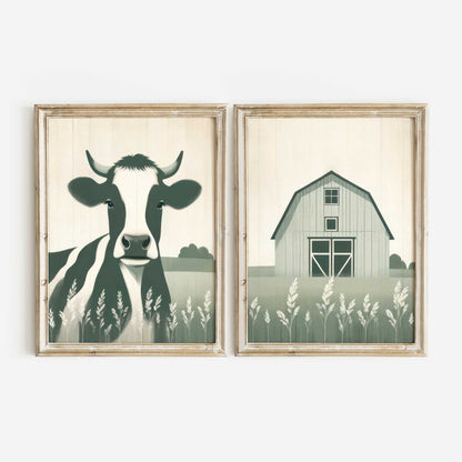Cow Nursery Decor, Sage Green Wall Art, Rustic Farm Animal Print - WildfieldPrints