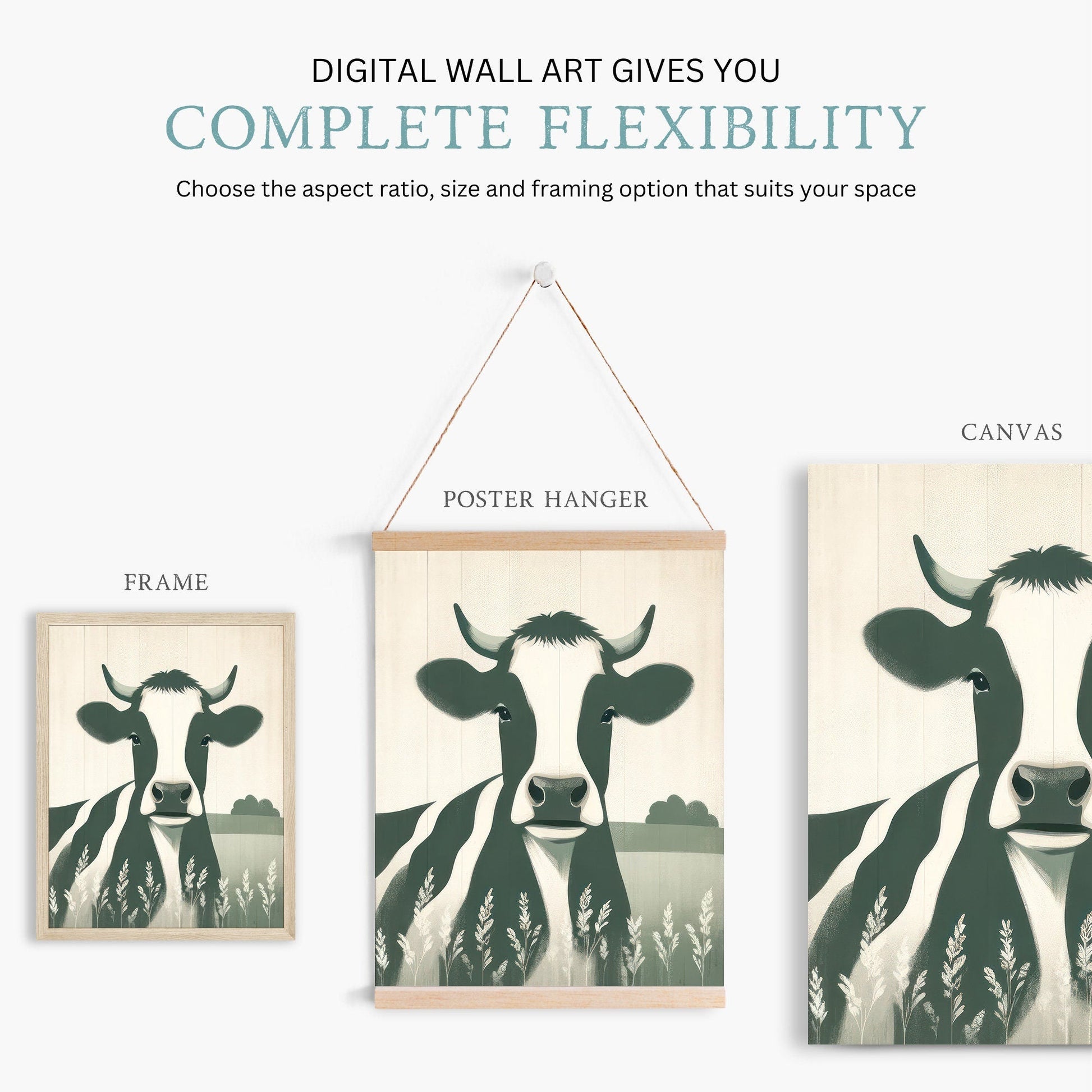 Cow Nursery Decor, Sage Green Wall Art, Rustic Farm Animal Print - WildfieldPrints