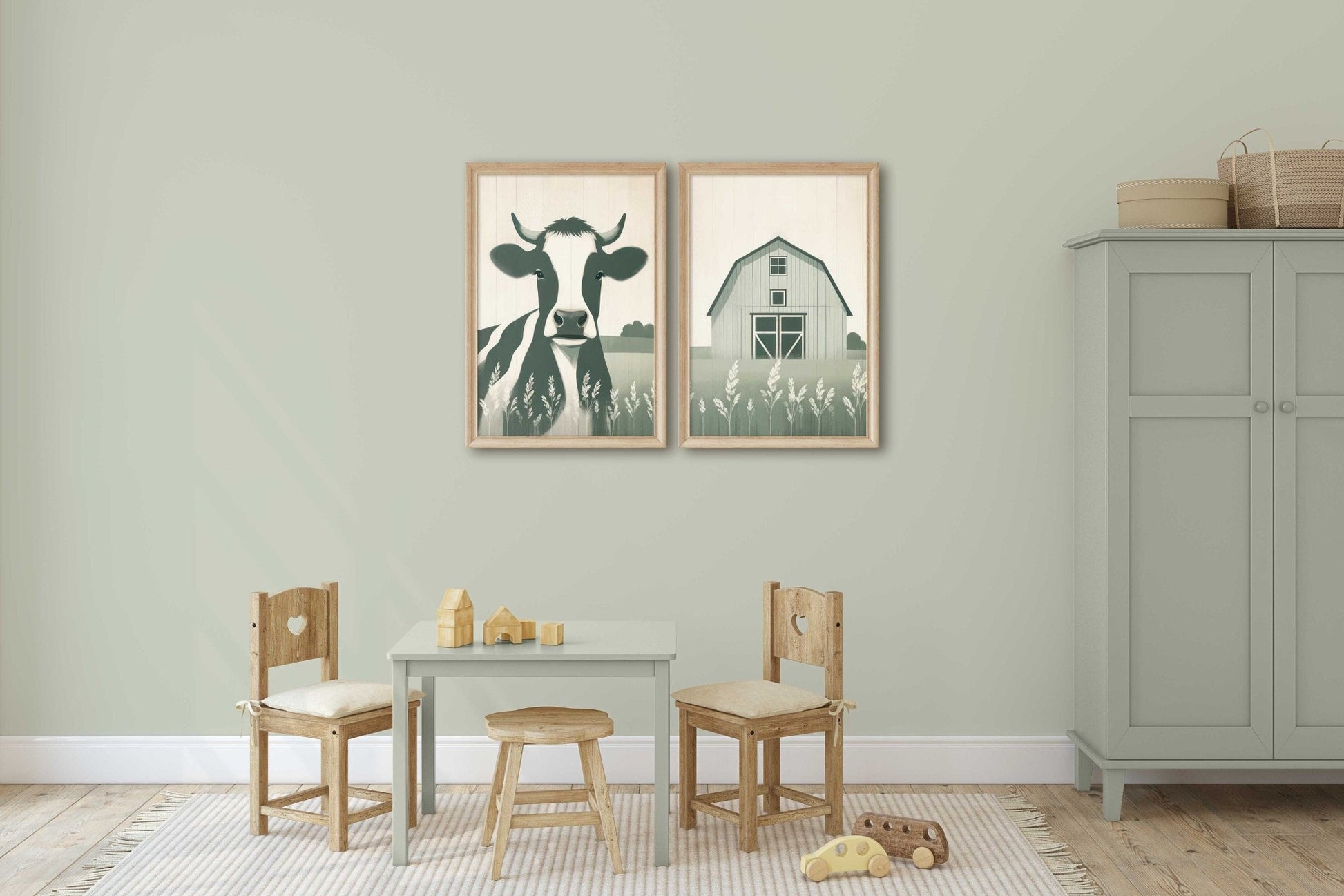 Cow Nursery Decor, Sage Green Wall Art, Rustic Farm Animal Print - WildfieldPrints