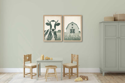 Cow Nursery Decor, Sage Green Wall Art, Rustic Farm Animal Print - WildfieldPrints