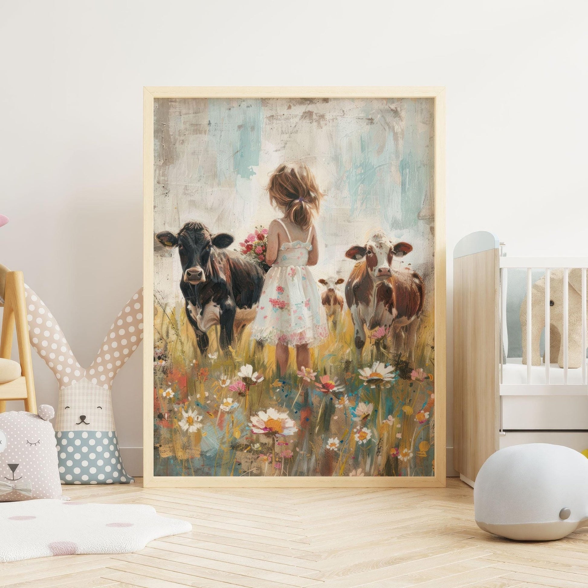 Cow Nursery Wall Art, Farmhouse Girl Room Decor, Countryside Prints - WildfieldPrints