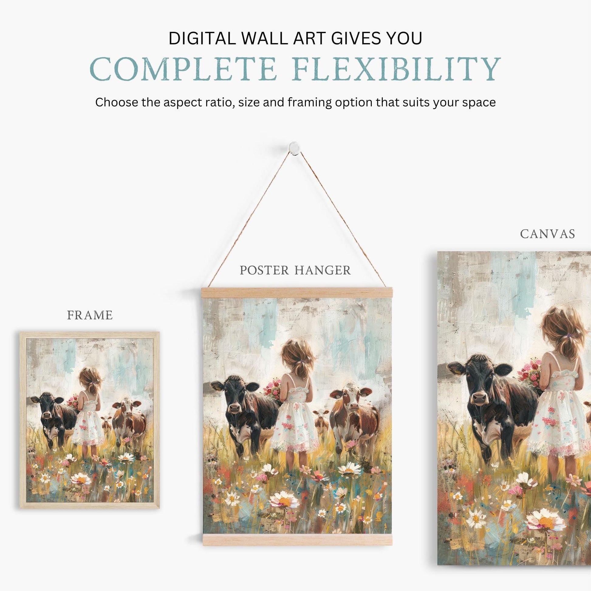 Cow Nursery Wall Art, Farmhouse Girl Room Decor, Countryside Prints - WildfieldPrints