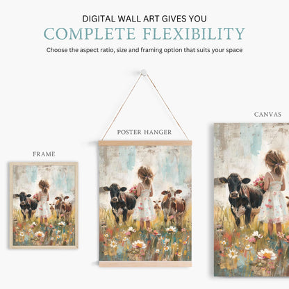 Cow Nursery Wall Art, Farmhouse Girl Room Decor, Countryside Prints - WildfieldPrints
